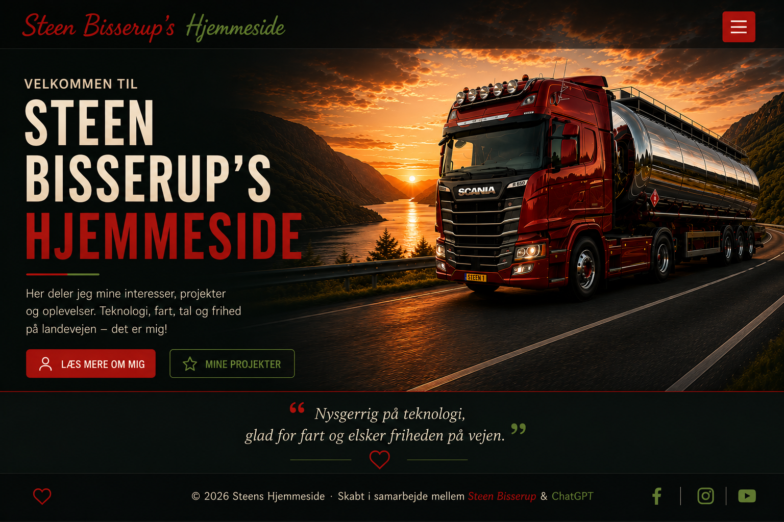 Steen Bisserups hjemmeside med rød Scania tankvogn i solnedgang